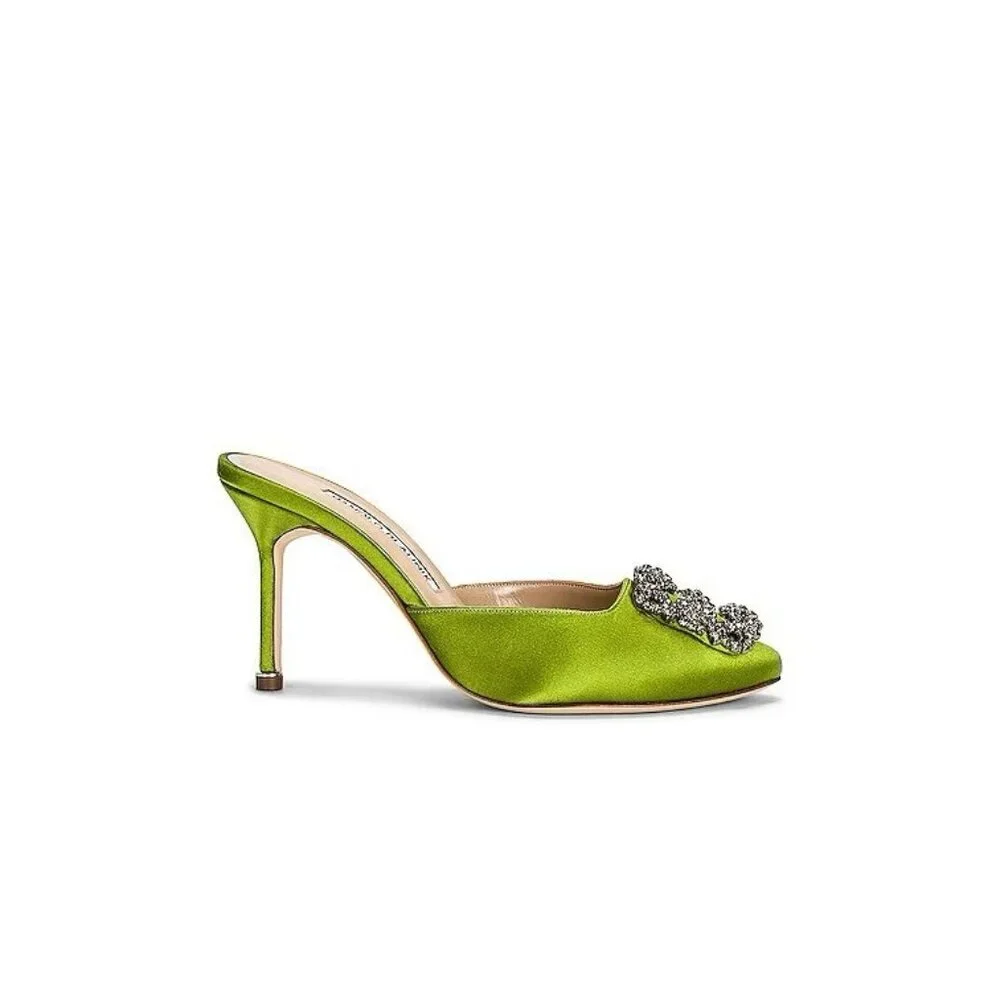 Manolo Blahnik Satin Hangisimu 70 Mule Heels Green Satin - Picture 4 of 13